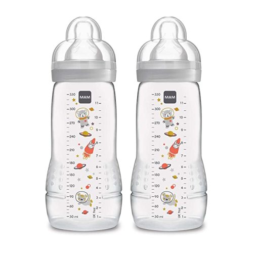MAM Easy Active Baby Bottles 11oz, Fast Flow Skinsoft Silicone Nipple with Wide Neck Ergonomic Design, Easy to Hold, BPA-Free, Bottles with Leak-Proof Caps for 4+ Months Baby