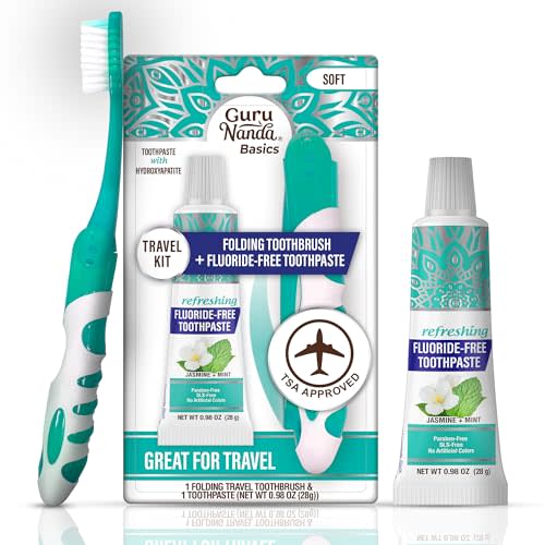 GuruNanda Folding Travel Toothbrush with Hydroxyapatite Toothpaste, 1ct | Travel Toothbrush Set|Soft Bristles & Built-In Cover|With Jasmine Mint Fluoride Free Toothpaste|Compact|Portable|TSA Friendly
