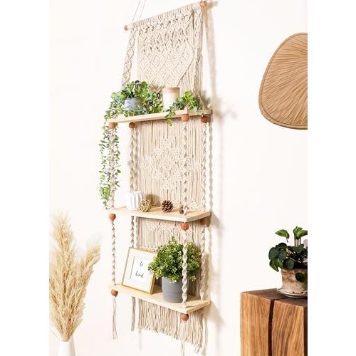 Macrame Wall Hanging Shelf 3 Tier Boho Wall Plant Hanger Shelves, Handmade of Woven Rope Boho Shelves Organizer for Living Room Bathroom Home Storage Floating Plant Rack Bohemian décor