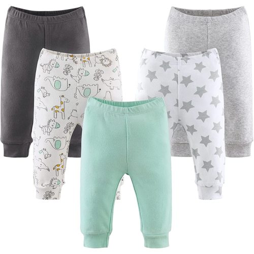 3 months - The Peanutshell Baby Pants 5 Pack Set Black, Grey, Light Green, Safari, Stars