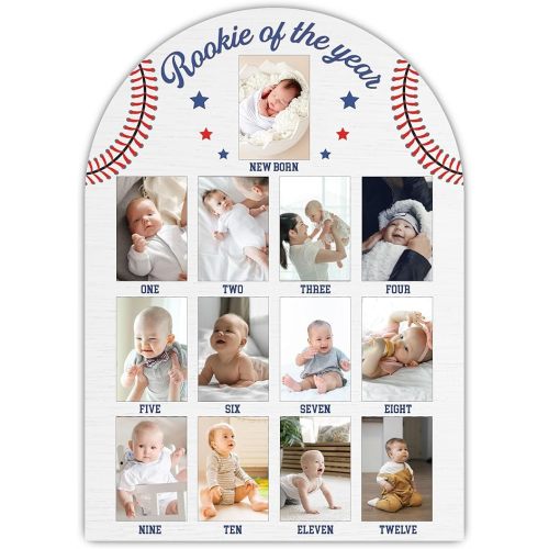 Baseball My First Year Photo Board Frame, Rookie of the Year Baby Milestone Wooden Sign, Gender Neutral Nursery Decor for Boy Girl, Baby Keepsake Gifts for 1st Baseball Birthday Decorations-A20