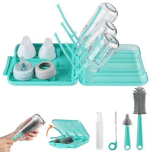 6 in 1 Baby Bottle Brush Set,Bottle Cleaner Brush Kit with Silicone Bottle Brush,Drying Rack,Nipple Brush,Straw Brush,Soap Dispenser&Storage Box,Portable Baby Essentials for Home&Travel (White)