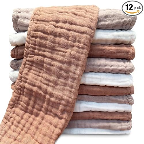 Muslin Burp Cloths for Baby 100% Cotton Burping Cloths for Unisex, Boy, Girl - Large 20'' by 10'' Newborn Essentials Ultra Soft Absorbent Milk Spit Up Rags - 12 Pack - White+Light Bean Paste Series