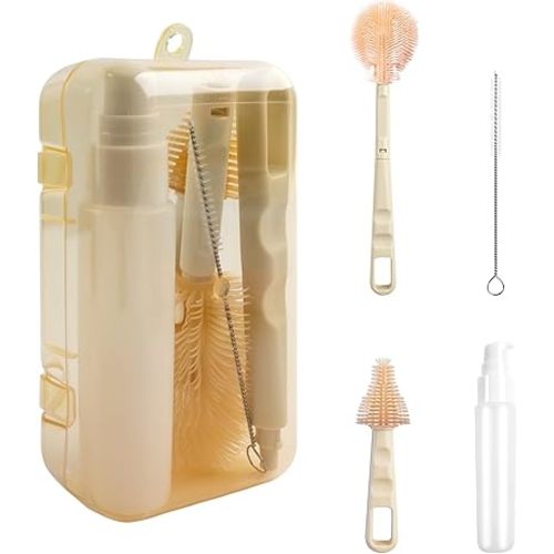 Baby Bottle Brush,5 in 1 Bottle Cleaner Brush Travel Kit with Extendable Silicone Bottle Brush,Drying Rack,Nipple Brush,Straw Brush,Soap Dispenser & Organizer Case (White)