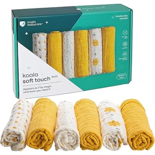 Koala Babycare 6 Pack 12"x12" Muslin Burp Cloths for Baby Boys and Girls - GOTS & Oeko-TEX Cotton Burp Rags for Newborns - Absorbent Neutral Burping Cloths for Feeding - Washable Baby Bibs Essentials