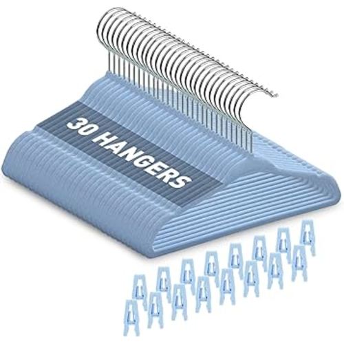 Velvet Baby Hangers with Clips (30 Pack) | 11” Ultra-Slim Baby Clothes Hangers | Non-Slip Felt | Space-Saving Nursery & Infant Closet Organizer | Blue