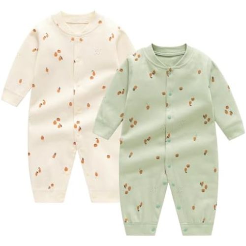 Newborn Baby Boys 2 Pack Cotton Romper Outfits Infant Long Sleeve One-Piece Toddler Button Jumpsuits