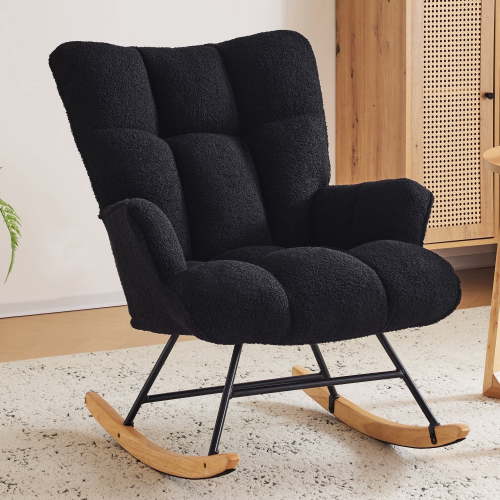 SAETSFEG Rocking Chair Nursery Teddy Upholstered Glider Rocker Rocking Accent Chair Padded Seat with High Backrest Armchair Comfy Side Chair for Living Room, Bedroom, Black