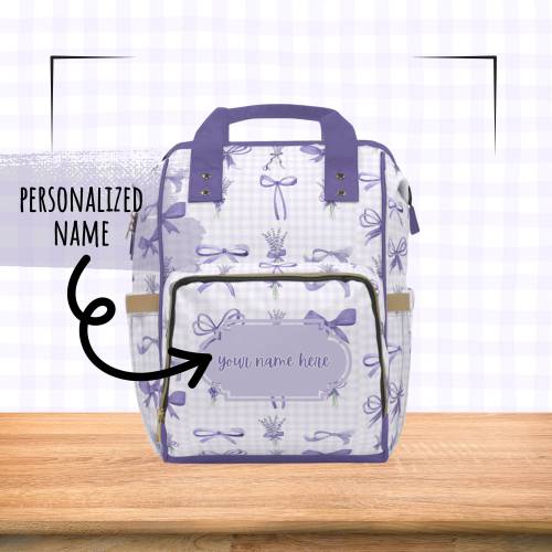 Personalized Name Diaper Bag Backpack Coquette Purple Lavender Ribbons Bows Gingham Girly Coquettecore Trendy Newborn Baby Multi-Purpose
