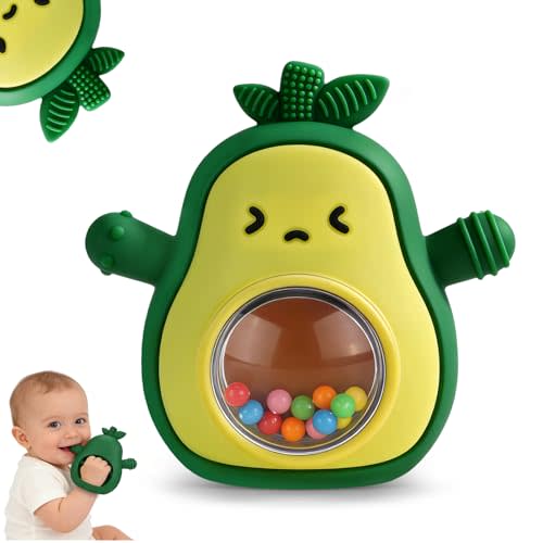 Baby Teething Toys, Avocado Silicone Mitten Teether with Rattle | Textured chew areas soothe gums for stroller, travel, and daily time, Sensory Teething Relief for 3–6, 6–12 Month Babies