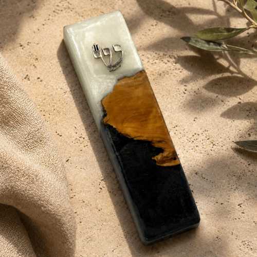 Handmade Olive Wood Mezuzah – Black & White Epoxy, Modern Judaica