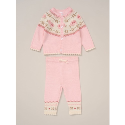 Rock-A-Bye Baby Boutique Pink True Knit Fairisle Pattern Cardigan And Trousers Outfit Set