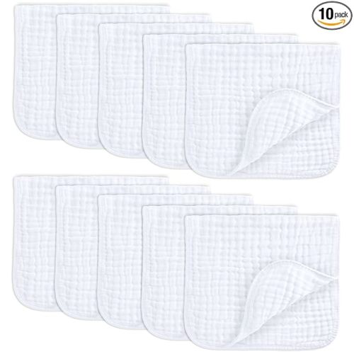 Comfy Cubs Muslin Burp Cloths 20" x 10", Pack of 10 - Large, 6-Layer, Ultra Absorbent 100% Cotton for Baby Drool and Messes - Soft, Safe & Gentle Baby Burp Cloths for Boys & Girls - White