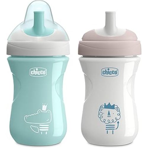 Chicco Sport Spout Trainer with Semi-Firm, Bite-Resistant Spout and Spill-Free Lid 9oz. | Top-Rack Dishwasher Safe | Easy to Hold with Ergonomic Indents | Sage/Grey, 2pk | 9+ months