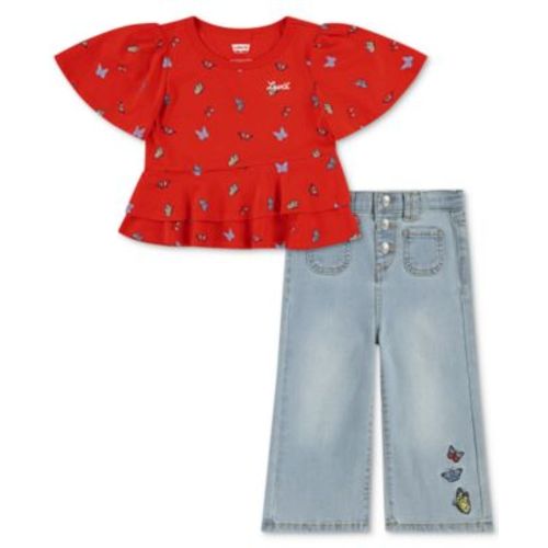 Baby Girls Butterfly-Print Peplum Top and Wide-Leg Jeans, 2 Piece Set