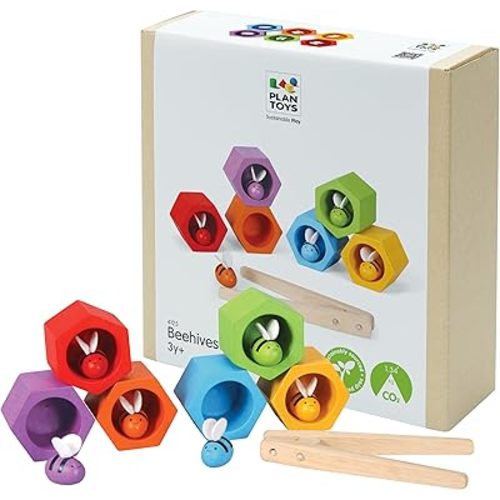 PlanToys® Wooden Beehive Color Sorting Toy for Toddlers | Montessori Fine Motor Skill Playset with Bees, Hives & Tweezers | STEM Learning Toy for Kids Ages 3+