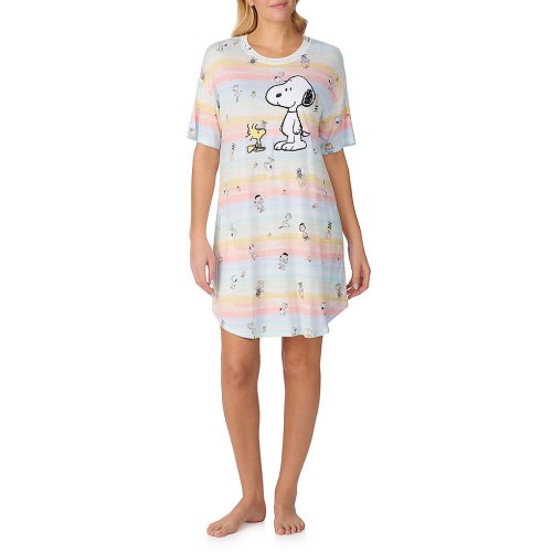 Peanuts Short Sleeve Round Neck Allover Multi-Stripe Snoopy Print Knit Nightshirt