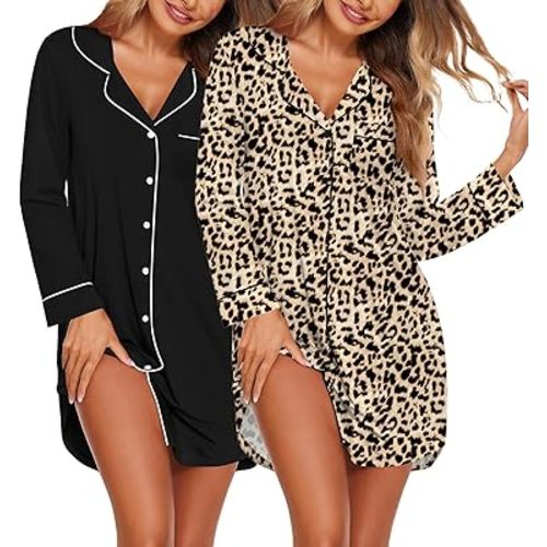 Ekouaer 2 Pack Nightgowns for Women Long Sleeve Night Shirt Button Down Sleep Shirt V-Neck Sleep Dress Pajama Sleepwear