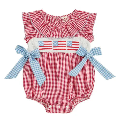 4th of July Baby Girl Outfits Newborn USA Flag Embroidery Smocked Plaid Bubble Romper Peter Pan Collar Bow Onesies Bodysuit - TikTok Shop