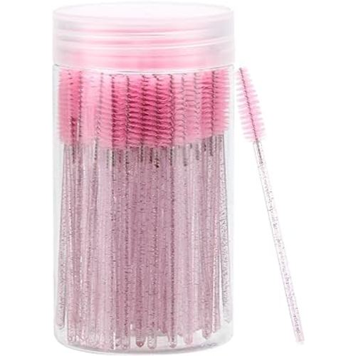 100 Pcs Disposable Mascara Wands, Crystal Eyebrow Spoolies Brush for Eyelash Extensions, Pink Lash Brushes with Container