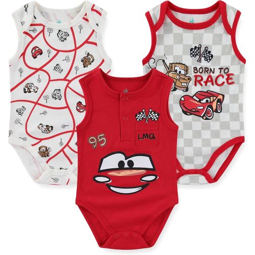 Disney Cars Lightning McQueen Baby Boys 3 Pack Sleeveless Bodysuit for Newborn and Infant