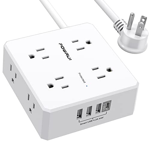 10Ft Surge Protector Power Strip - Flat Plug Extension Cord with 8 Widely Outlets and 4 USB Ports(1 USB C), 3 Side Outlet Extender for Home Office Dorm Room Essentials, White,ETL Listed