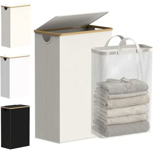 efluky Slim Laundry Basket with Lid, Narrow Laundry Hamper with Removable Bag, Skinny Dirty Clothes Basket with Bamboo Handles for Bathroom, Bedroom & Laundry Room, 75L Beige