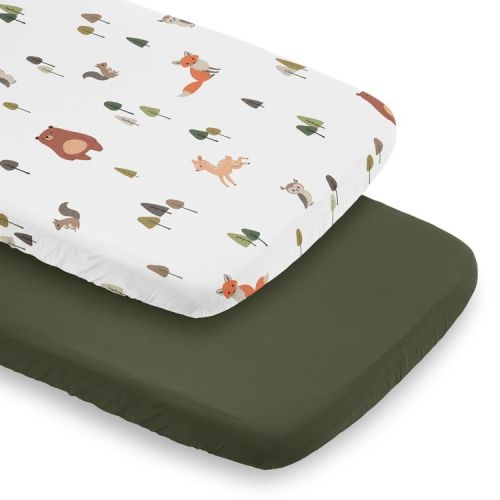 Sweet Jojo Designs Boy, Girl, Unisex/Gender Neutral Baby Bassinet Fitted Sheets Set Woodland Animal Pals Green, Beige, Brown & Orange 2pc