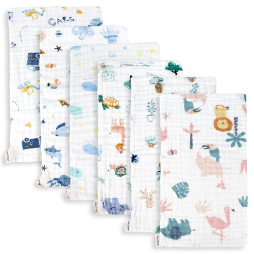 Maliton Muslin Baby Burp Cloths 6 Pack Large 20''x10'' 100% Cotton Burp Rags Absorbent and Soft 6 Layers Muslin Cloth Baby Essentials for Newborn(Animals and Cars, Pack of 6)