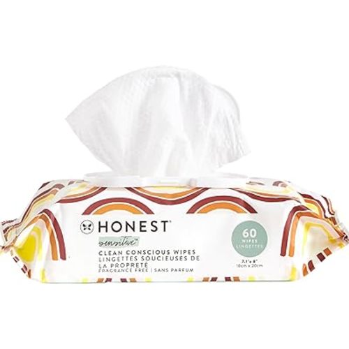 The Honest Company Clean Conscious Multi-Use Wipes Hypoallergenic and Unscented for Sensitive Baby Skin Over 99% Water Compostable Plant Based Rainbow 60 Count