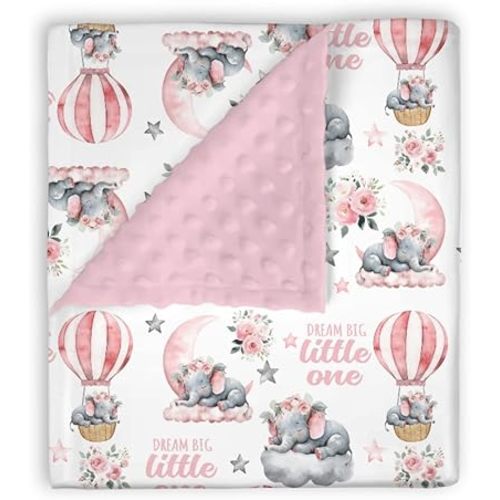 Mink Baby Girl Blanket Pink Gray Elephant Hot Air Balloon, Dream Big Little One Rose Flower Double Layer Dotted Backing Receiving Swaddle, Newborn Infant Toddler Nursery Crib Bedding Shower Gift 30x40