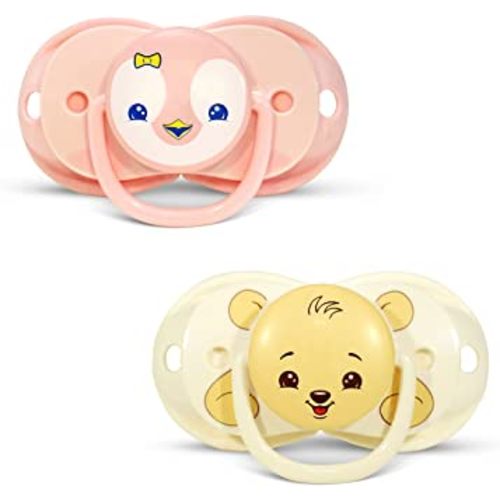 RaZbaby Keep-it-Kleen Baby Pacifier 2 Pack, 0-36M (Infant-3 yrs), Closes Automatically When Dropped, Silicone Orthodontic Nipple Stays Clean, Built-in Shield/Case, Easy to Clean – Pink Penguin/Bear