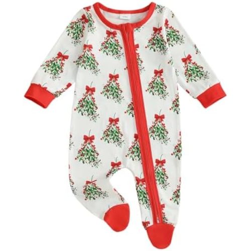 Newborn Baby Girl Christmas Outfit Wreath Bow Print Footie Romper Long Sleeve Zipper Jumpsuit One Piece Clothes