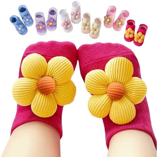 Aroveea Baby Toddler Girl Socks 6 Pairs Non Slip,Newborn Grip Flower Cotton Ankle Cute Socks for Babies Girl 0M-3Years