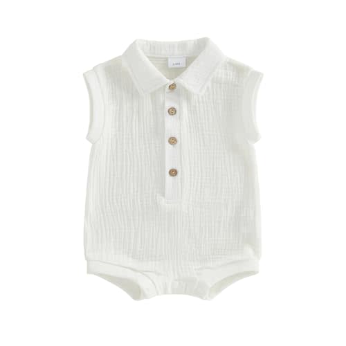 Honganda Newborn Baby Boy Cotton Linen Romper Short Sleeve Lapel Collar Button Down Jumpsuit Summer Solid One Piece Outfit