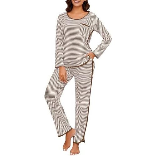 Womens Cotton Pajama Sets Stripe 2 Piece Lounge Set Long Sleeve Comfy Pj Sets Fall Loungewear Sleepwear with Pockets