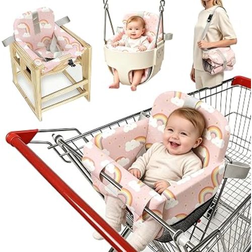 Padded Shopping Cart Seat Cover for Baby, High Chair Cover for Restaurant seat, Adjustable Grocery Cart Seat Cover & Swing Insert for Infant & Toddler, Durable Machine Washable (Pink Rainbow)