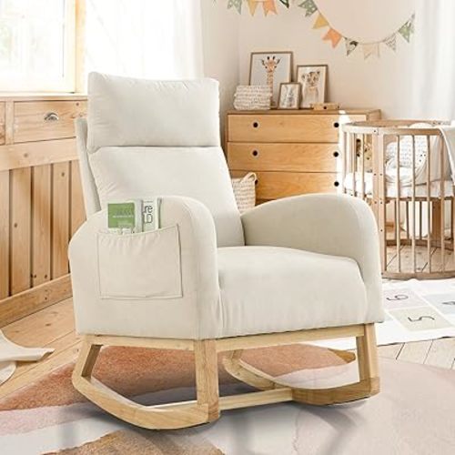 Cirui Nursery Rocking Chair, Glider Rocking Chairs with Solid Wood Legs & Two Side Pockets, High Back Comfort Baby Rocking Chair for Living Room, Bedroom, Beige