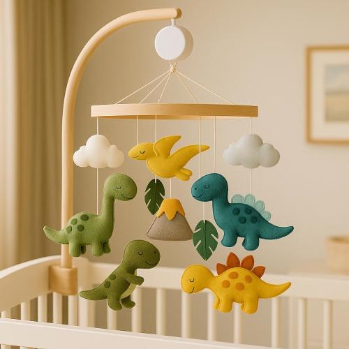 Handmade Dinosaur Baby Mobile – Felt Crib Mobile with T-Rex, Stegosaurus & Volcano, Prehistoric Nursery Decor, Baby Shower Gift, Newborn Roo