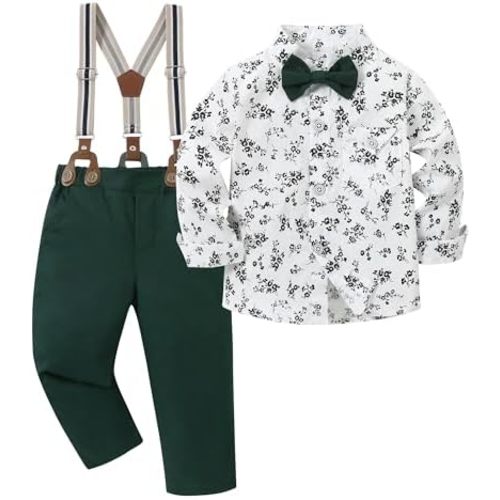 CARETOO Toddler Baby Boy Clothes Suit 5Pcs Gentleman Wedding Outfit Dress Shirt+Vest+Bow Tie+Suspender Pant Formal Set 12M-5T