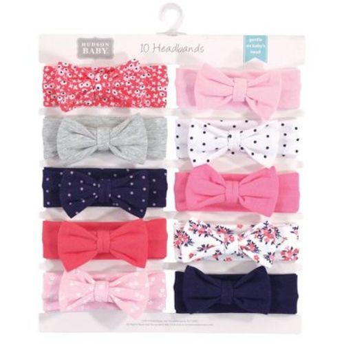 Hudson Baby Infant Girl Cotton Headbands 10pk, Coral Flower, 0-24 Months