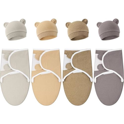 Buryeah 4 Pack Preemie Swaddle Blanket Wrap Set with Hat for Baby Boys Girls 3-7 Lbs Preemie Newborn Clothes Sleepers Cap
