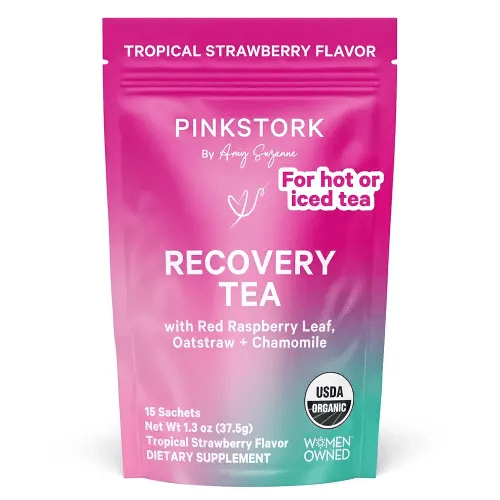 Pink Stork Postpartum Recovery Herbal Tea, Organic Red Raspberry Leaf with Chamomile, Hormone Balance for Women After Labor and Delivery, Strawberry Passion, Hot or Iced, Caffeine-Free, 15 Sachets