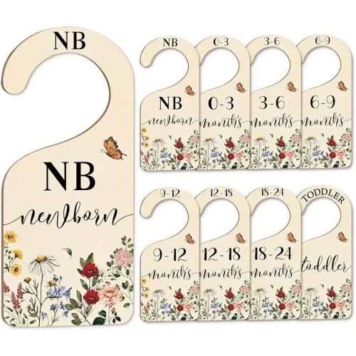 Whaline 8 Pcs Baby Closet Size Dividers Vintage Wildflower Hanging Wood Baby Closet Organizer Newborn to 24 Months Thicken Babies Wardrobe Organizer for Home Nursery