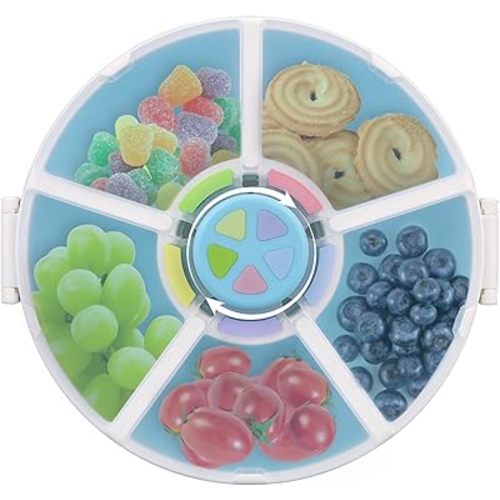 Kids Reusable Rotating Snack Container with 5 Separate Compartments, Color Matching Opening Lid, BPA/PVC-Free, Dishwasher Safe, Perfect for Travel, School Lunches & On-the-Go Snacking-Blue