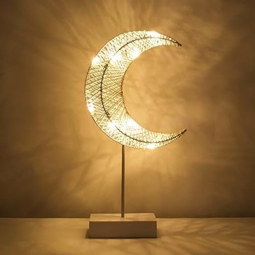 Decorative Table Lamp, Moon Shape Ramadan Desk Lamp Battery Powered Light, Winding Thread Warm LED Crescent Light Christmas Home Bedroom Romantic Bedside Desktop Nightstand Decoration, White