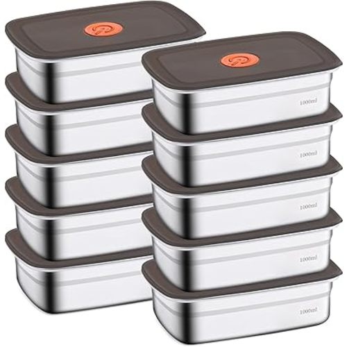 10 Pack Stainless Steel Food Storage Containers with Leak-Proof Lids, 34oz Reusable Metal Meal Prep Lunch Boxes, Stackable, BPA-Free, Dishwasher Safe for Snacks, Fruits & On-the-Go Meals