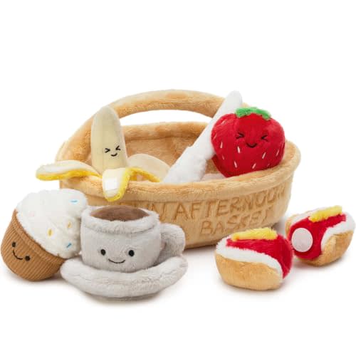 MaoGoLan Plush Tea Sets for Toddlers, 7pcs Tea Party Plush Set Cutting Pretend Play Food Sets Toys for Kids with Cups, Desserts, Fruits, Basket, Birthday Gift for Girls Boys Children Toddlers