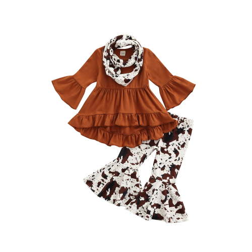BemeyourBBs Toddler Baby Cowgirl Outfits Western Spring Fall Winter Clothes Long Ruffle Sleeve Tunic Dress Shirt Tops Bell Bottom Flare Pants Set Scarf
