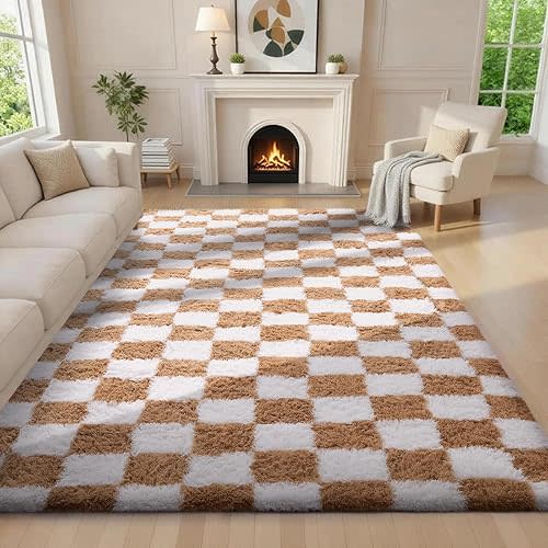 Ophanie Checkered Beige & White Rug for Living Room Bedroom, Fluffy Soft Cute Fuzzy Area Rugs, Shag Plush Shaggy Bedside Floor 6x9 Furry Carpet for Kids Baby Teen Dorm Nursery Home Decor Aesthetic